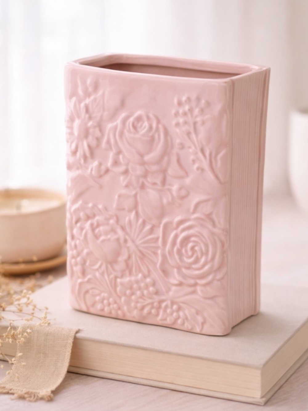 Blush / Dusty Pink Embossed Floral Ceramic Vase / Planter